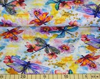 175cm x 150cm Baumwolle JERSEY Stoff Libellen Baumwolljersey ÖKOTEX® Standard 100 Digital printed cotton aquarell design Dragonfly fabric