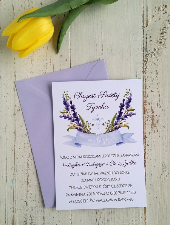 Zaproszenie Komunia święta Chrzest Lawendowe Etsy