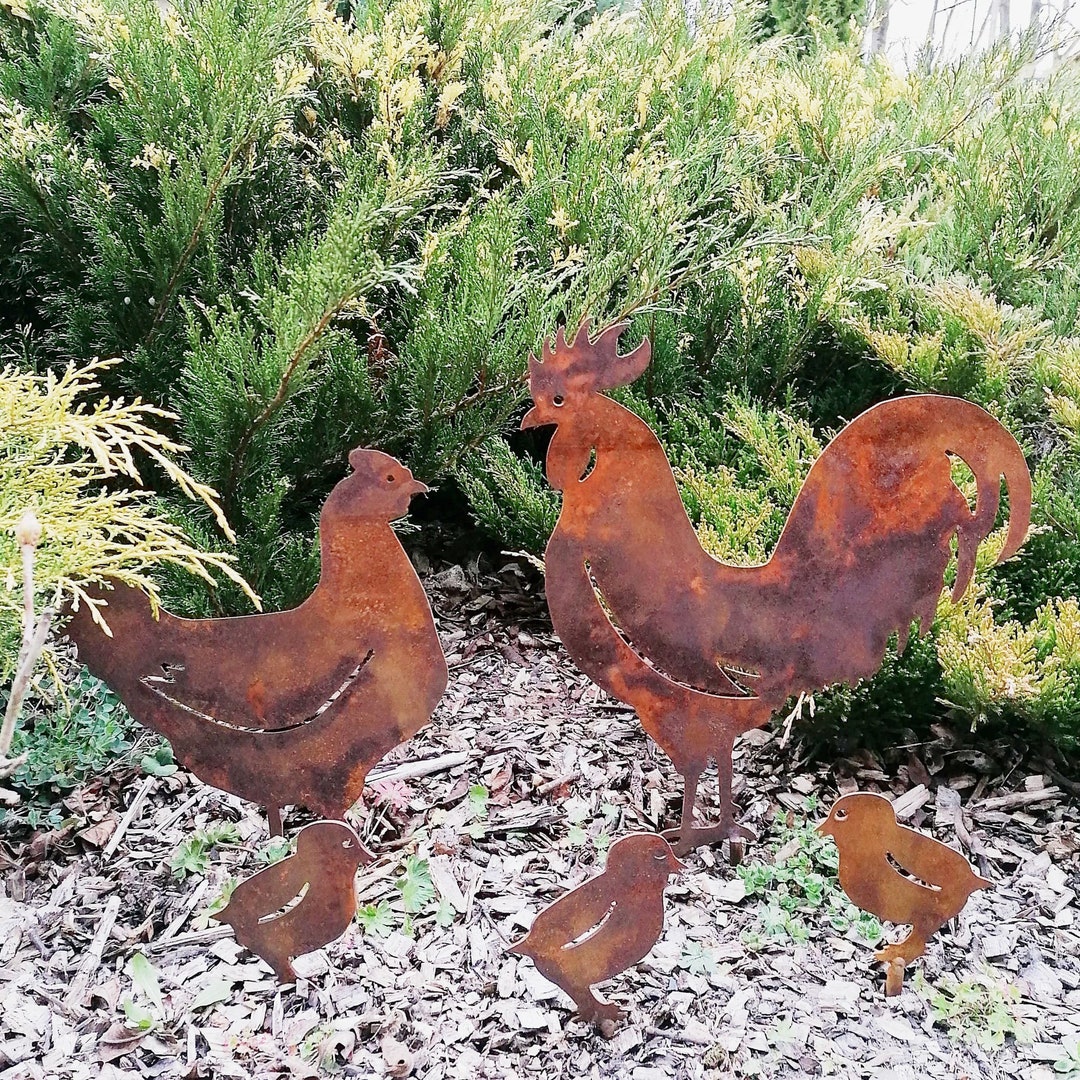 Metal Chicken Family Garden Decor, Metal Chicken Garden Art, Rusty Hen