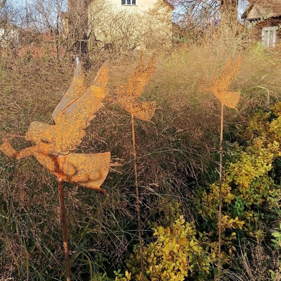 Set of 3 Metal Angel Garden Stakes, Christmas Art, Rusty Angel Garden Sign, Garden Angel, Metal