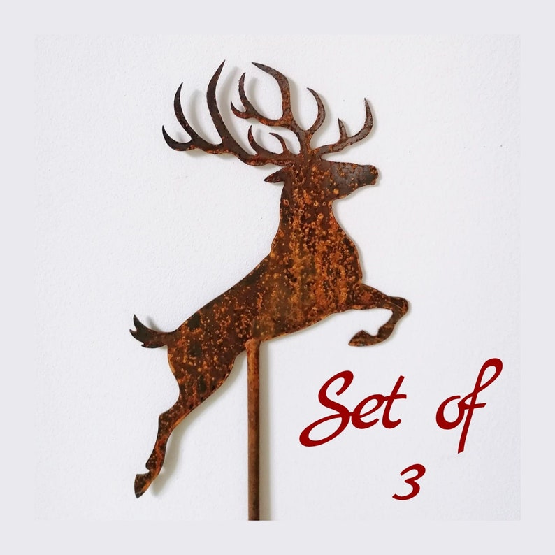 Set of 3 Metal Reindeer Garden Stake, Christmas Art, Rusty Reindeer
