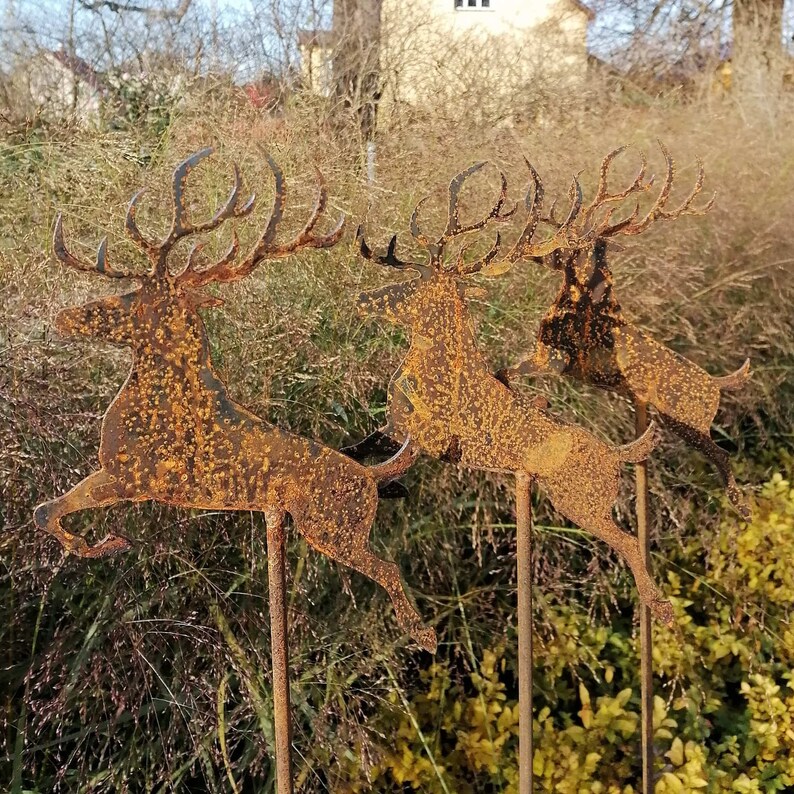 Set of 3 Metal Reindeer Garden Stake, Christmas Art, Rusty Reindeer