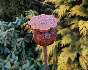 Palo da giardino di fiori di papavero di metallo, arte del giardino della testa di papavero di metallo, segno di papavero arrugginito, decorazione da giardino arrugginito, palo da giardino di testa di papavero