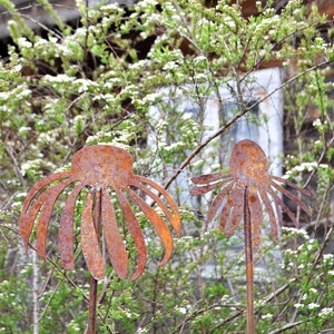 Conjunto de 2 estacas de jardim de coneflowers de metal, arte de jardim de flores de metal enferrujado, decoração de quintal de metal, decoração de jardim enferrujado, estaca de jardim de flores enferrujada