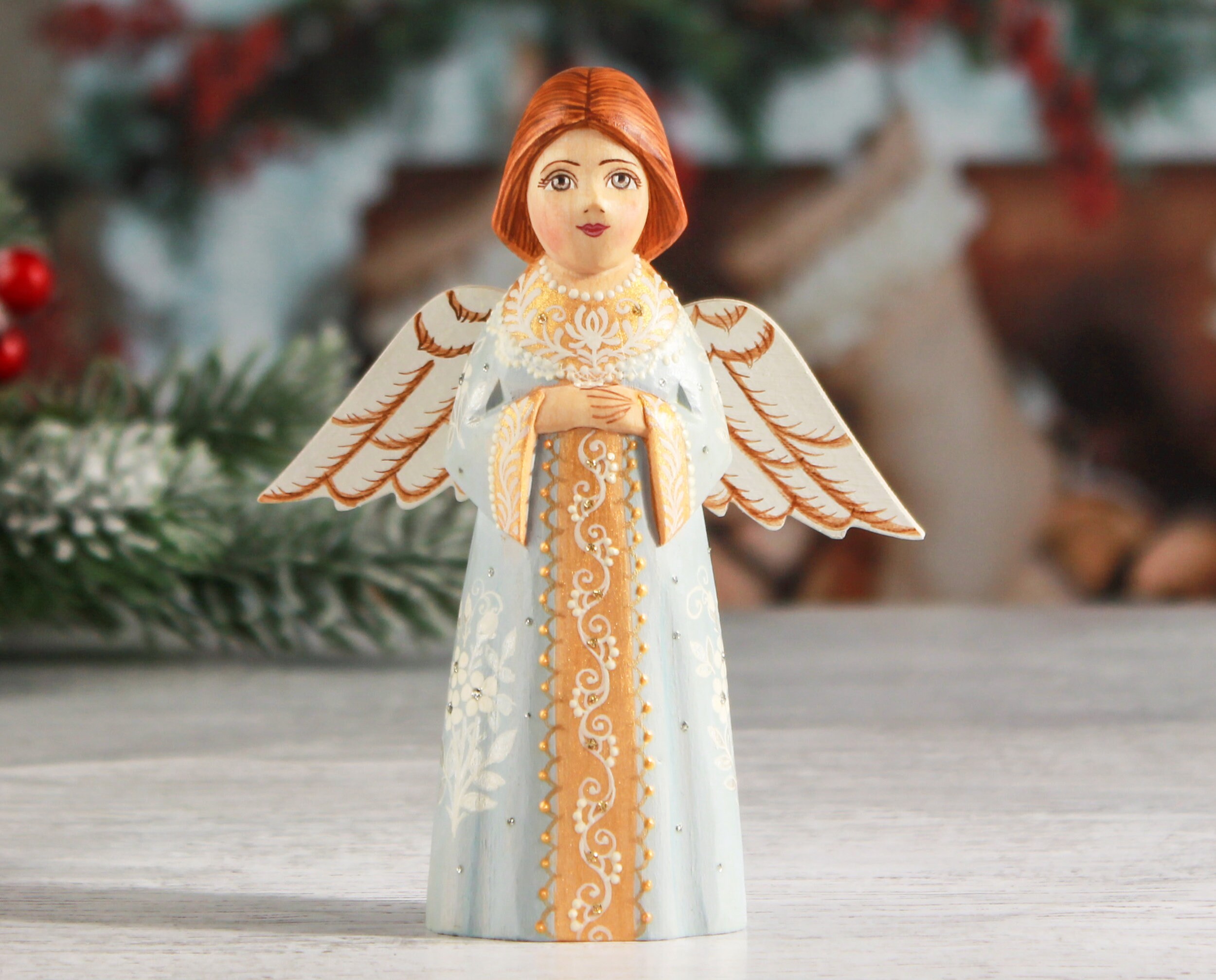 Wood Angel decorations Angel figurine Carved angel light blue Etsy
