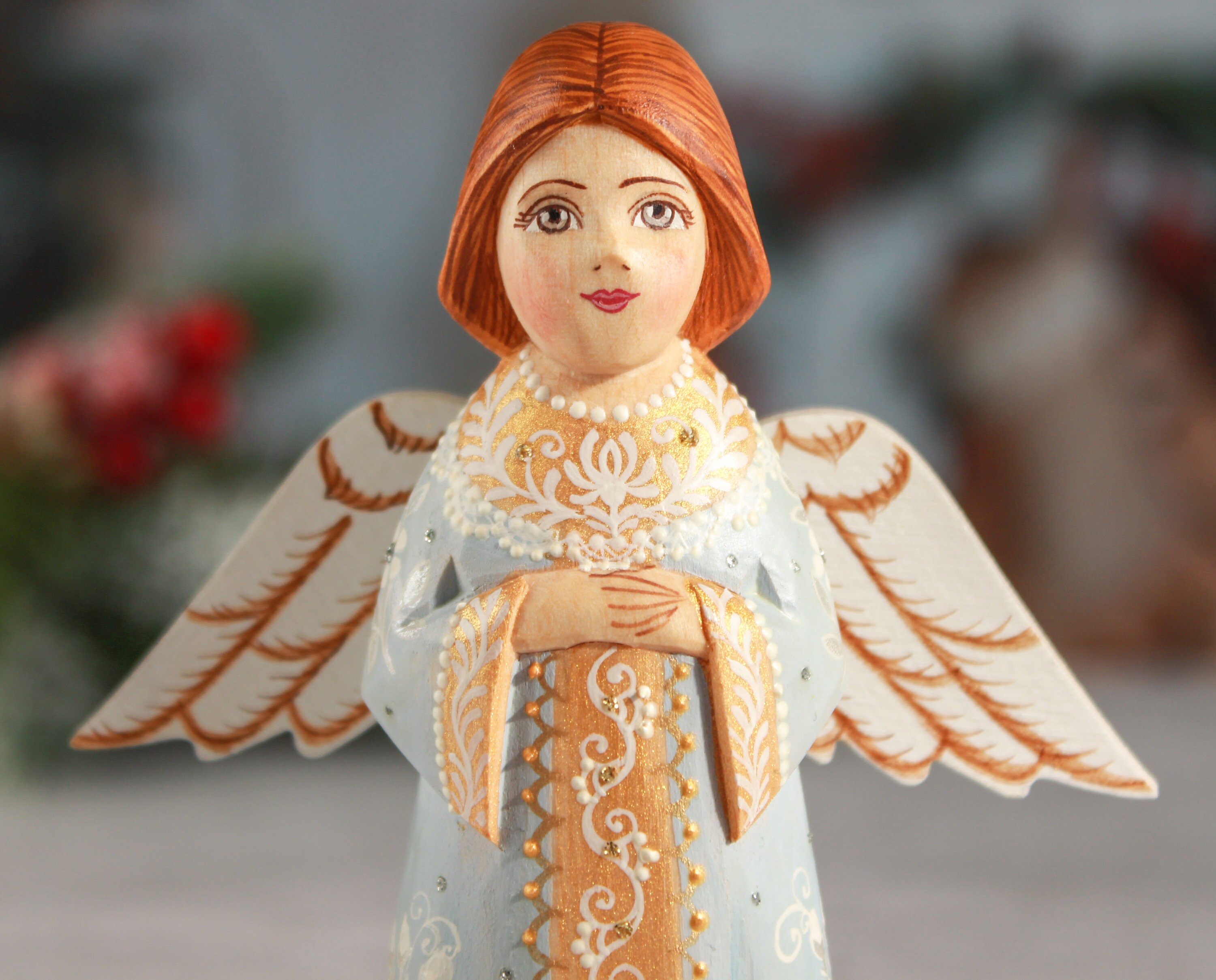 Wood Angel decorations Angel figurine Carved angel light blue Etsy