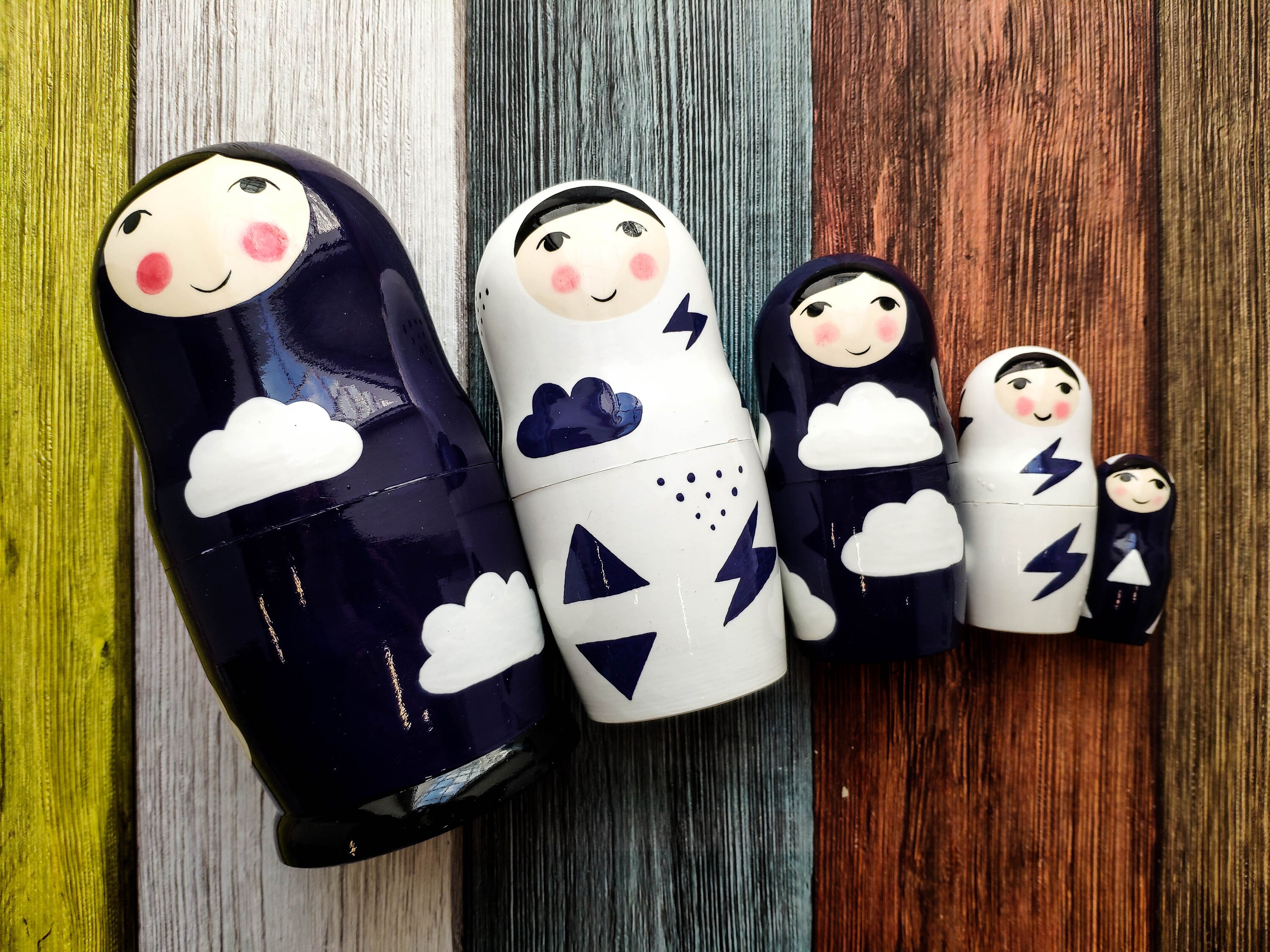 Wooden nesting dolls for kids Blue and white clouds Stack doll Etsy