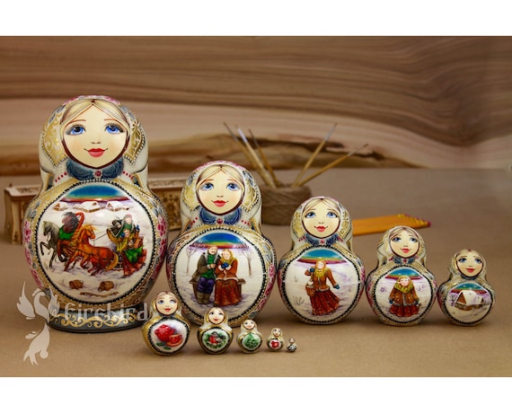 Babushka Russia Folk Doll FREE US Shipping Russian Nesting Dolls 7 pc 8/" Wood