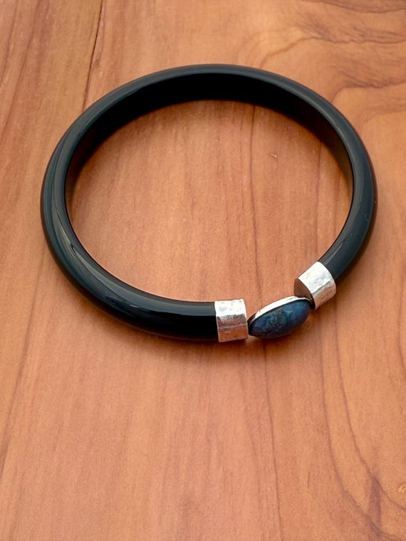 Solid Black Onyx Bangle 925 Sterling Silver Oval … - image 3
