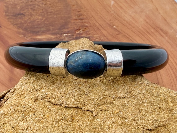 Solid Black Onyx Bangle 925 Sterling Silver Oval … - image 1