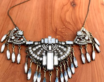 Vintage BaubleBar Clear Crystal & Rhinestone Statement Pendant Necklace Bib