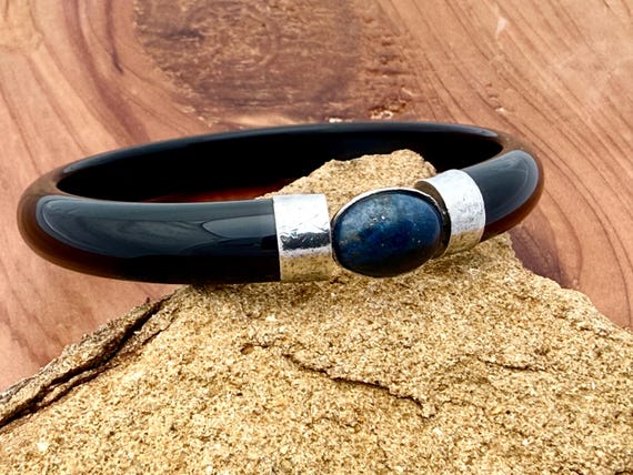 Solid Black Onyx Bangle 925 Sterling Silver Oval … - image 2