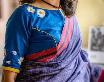 Blue Embroidered Cotton Blouse: Readymade Saree Top