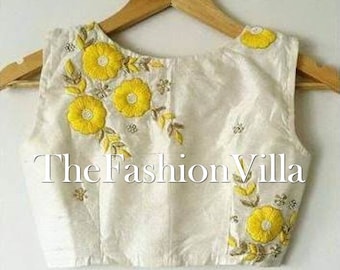 Traditional Flower Embroidered Stitched Readymade White Blouse For Women&#39;s Party Festive Wear, Occasion Wear Crop Tops & Tees Ethnic