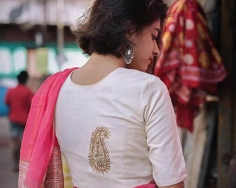 Traditional Embroidery Cotton Stitched Readymade Blouse Saree/Sari Blouse For Women's Party, Festive, Occasion, Wear Crop Tops Tunic & Tees