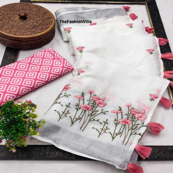 Hand Made Pure Linen Saree: With Floral Embroidery and Tassel Un-stitched Blouse, Festival, Party Wear, Decor, Craft Fabric, Ready to Wear