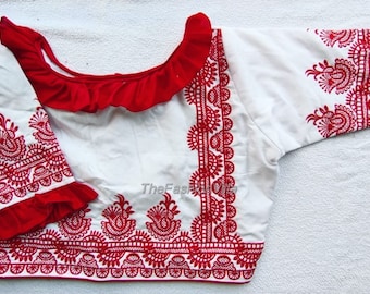 Malaicotton Embroidered And Readymade Saree Blouse Cotton For Women&#39;s Party, Festive, Occasion Wear Tees & Tops Tunic Ethnic Traditional