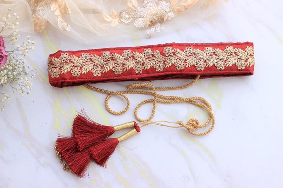 Red Sequins Designer Tasselled Cloth Waist Saree Belt and