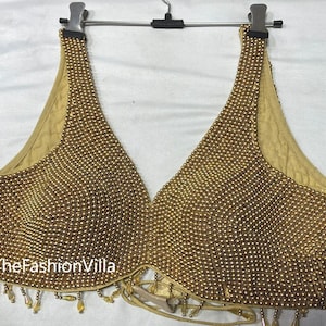Golden Designer Beads Work Blouse Wedding, Saree/Sari Blouse For Women Tops & Tees Crop Top Choli Festive Cocktail Party Bollywood Readymade