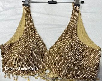 Camicetta da lavoro con perline dorate firmate, camicetta da matrimonio, sari/sari per donna, top e magliette, top corto Choli, cocktail party festivo, Bollywood Readymade