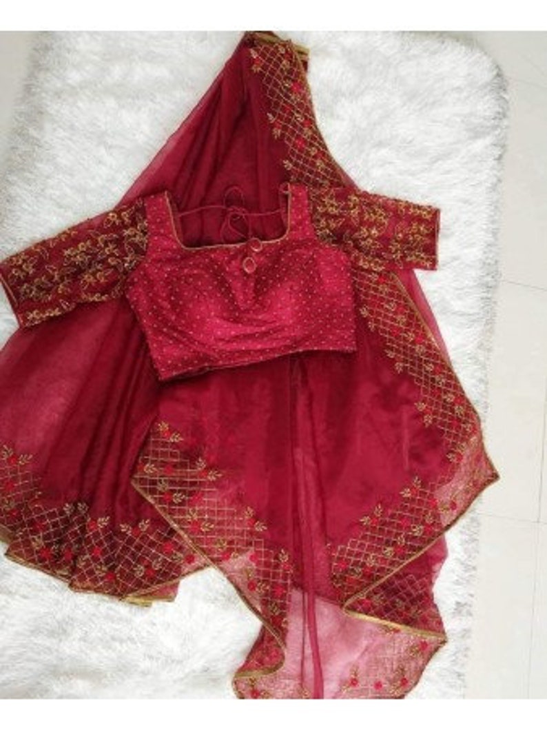 Red Organza saree Jari Thread Embroidered With Stitched Blouse Traditional Wedding Wear Indian Women Scrap Sari Party Wear FestiveCholi
