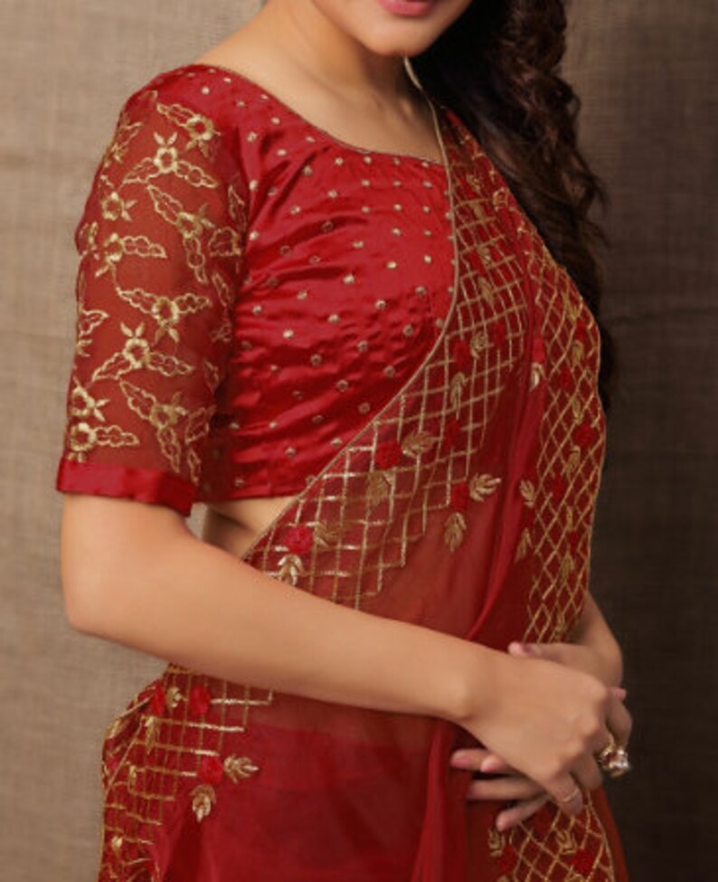 Red Organza saree Jari Thread Embroidered With Stitched Blouse Traditional Wedding Wear Indian Women Scrap Sari Party Wear FestiveCholi