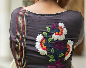 Hand Embroidered And Kantha Work Readymade Saree Blouse Cotton For Women&#39;s Party, Festive,Occasion Wear Tees & Tops Tunic Ethnic Traditional