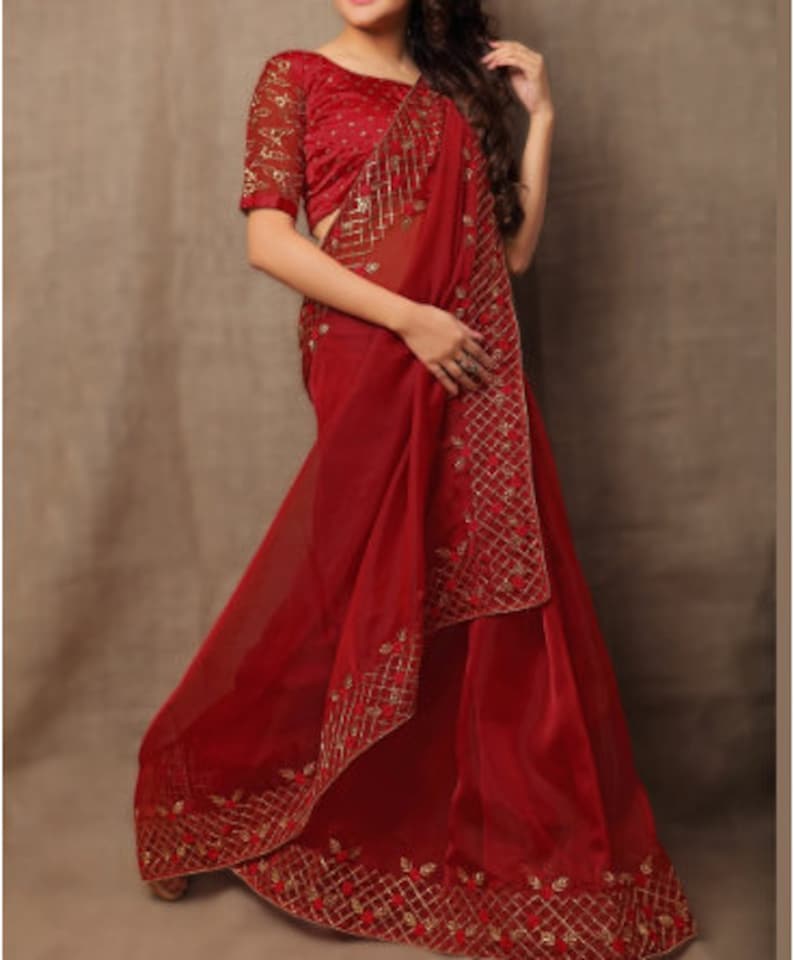 Red Organza saree Jari Thread Embroidered With Stitched Blouse Traditional Wedding Wear Indian Women Scrap Sari Party Wear FestiveCholi