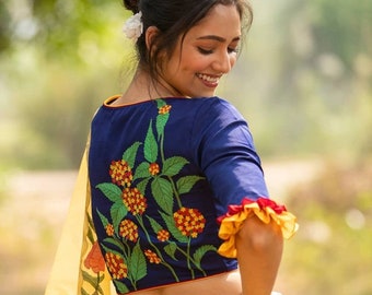 Camicetta tradizionale pesante ricamata, camicetta pronta all'uso, camicetta sari per feste, festività, occasioni, abbigliamento estivo da donna, top e tuniche.