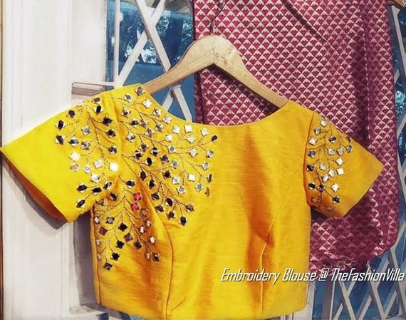 Yellow Beautiful Designer Mirror Work Stitched Blouse Party | Etsy