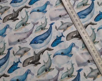 9.50 euros / meter - cotton jersey by the meter fish whale sea - 150 x 50 cm
