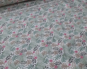 8.50 euros / meter - cotton jersey fabric leaves and flowers floral 150x 50 cm