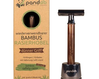 pandoo Rasierhobel aus Bambus | inkl. 10 Klingen und E-Book | dünner oder breiter Griff