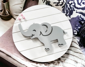 Baby Elephant Shiplap Round Nursery Sign