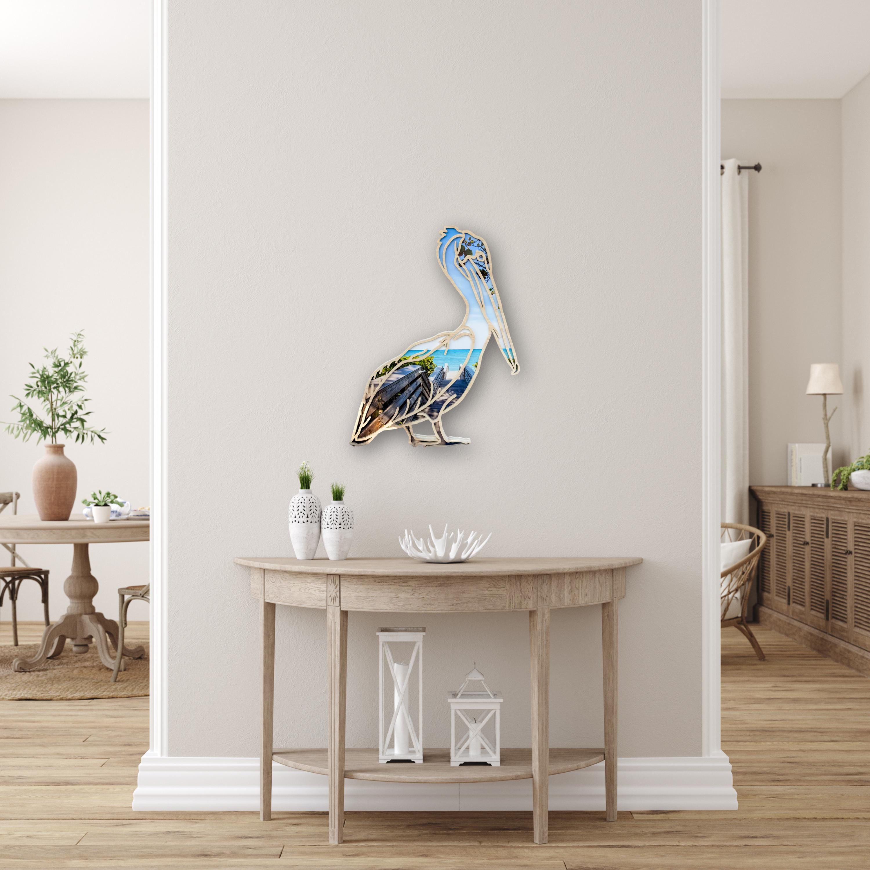 Pelican, Handmade Wooden Pelican Wall Art With Coastal Beach View ...