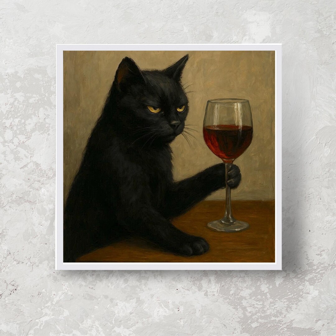 Black Cat With Wine Glass – Moody Whimsical Wall Art Print - Etsy