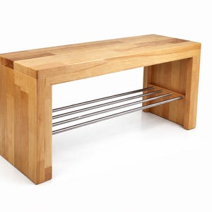 Banco de madera maciza de haya, zapatero de acero inoxidable, banco de pasillo, banco para zapatos, banco para armario