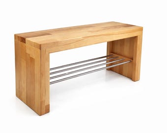 Houten bank, massief beuken, schoenenrek van roestvrij staal, halbank, schoenenbank, kledingkastbank