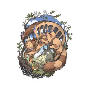 May include: An illustration featuring characters from the animated film My Neighbor Totoro. A large cat-like bus, Totoro, and other forest spirits are depicted in a whimsical forest scene with a blue sky background.