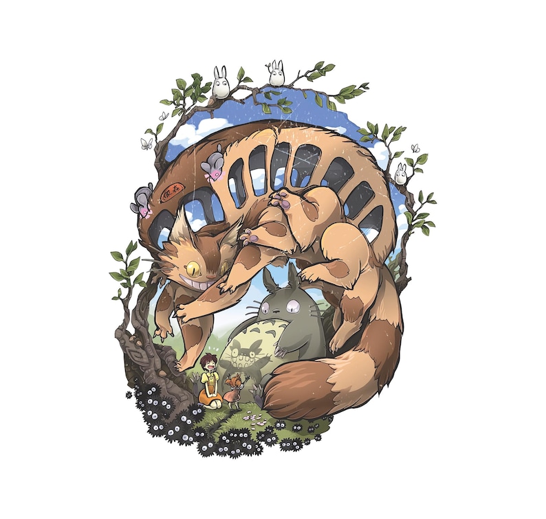 May include: An illustration featuring characters from the animated film My Neighbor Totoro. A large cat-like bus, Totoro, and other forest spirits are depicted in a whimsical forest scene with a blue sky background.