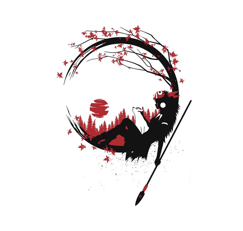 Peut inclure: Illustration graphique en noir et rouge repr&eacute;sentant une silhouette d'une figure avec un loup, une lance et une sc&egrave;ne foresti&egrave;re stylis&eacute;e. Le design comprend un soleil rouge, des feuilles d'&eacute;rable et un cadre circulaire, le tout sur fond blanc.