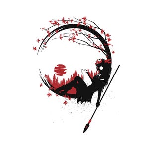 Peut inclure: Illustration graphique en noir et rouge repr&eacute;sentant une silhouette d'une figure avec un loup, une lance et une sc&egrave;ne foresti&egrave;re stylis&eacute;e. Le design comprend un soleil rouge, des feuilles d'&eacute;rable et un cadre circulaire, le tout sur fond blanc.