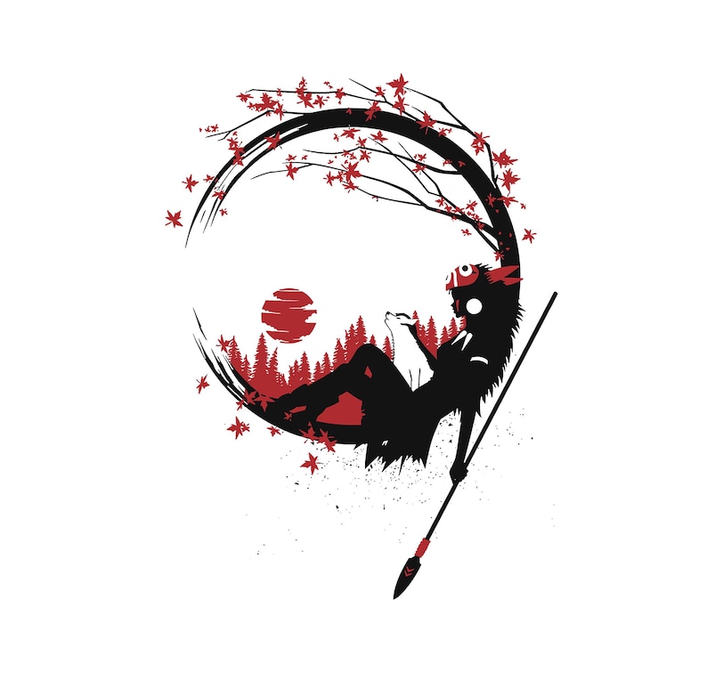 Peut inclure: Illustration graphique en noir et rouge repr&eacute;sentant une silhouette d'une figure avec un loup, une lance et une sc&egrave;ne foresti&egrave;re stylis&eacute;e. Le design comprend un soleil rouge, des feuilles d'&eacute;rable et un cadre circulaire, le tout sur fond blanc.