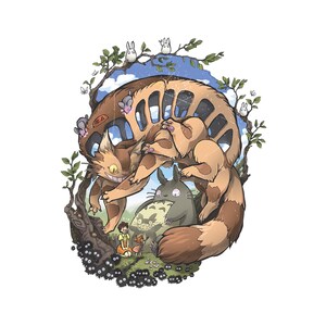 May include: An illustration featuring characters from the animated film "My Neighbor Totoro." A large, cat-like bus with a smiling face is surrounded by forest elements, including Totoro and other forest spirits. The artwork has a whimsical and detailed style.