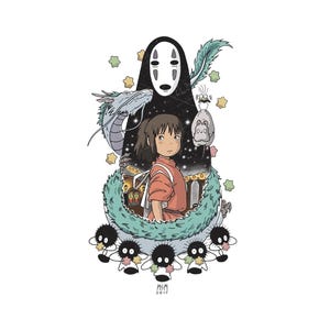 Puede incluir: Ilustraci&oacute;n de la pel&iacute;cula de animaci&oacute;n "El viaje de Chihiro". La imagen muestra a una ni&ntilde;a con un atuendo naranja, rodeada por un drag&oacute;n, un esp&iacute;ritu sin rostro y otras criaturas. La obra de arte est&aacute; ambientada sobre un fondo estrellado, con criaturas caprichosas.
