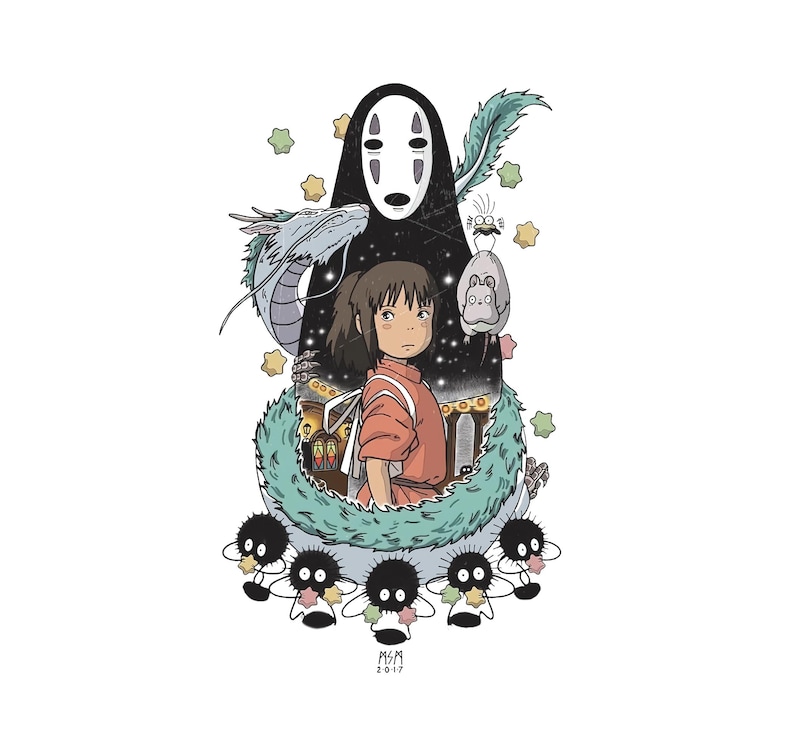 Puede incluir: Ilustraci&oacute;n de la pel&iacute;cula de animaci&oacute;n "El viaje de Chihiro". La imagen muestra a una ni&ntilde;a con un atuendo naranja, rodeada por un drag&oacute;n, un esp&iacute;ritu sin rostro y otras criaturas. La obra de arte est&aacute; ambientada sobre un fondo estrellado, con criaturas caprichosas.