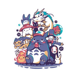 Puede incluir: Ilustraci&oacute;n colorida con varios personajes de dibujos animados, incluyendo una gran criatura azul parecida a Totoro sosteniendo una baya roja. Otros personajes incluyen un drag&oacute;n blanco, un gato negro y un esp&iacute;ritu sin rostro. La obra tiene un estilo caprichoso.