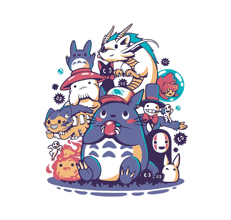 Puede incluir: Ilustraci&oacute;n colorida con varios personajes de dibujos animados, incluyendo una gran criatura azul parecida a Totoro sosteniendo una baya roja. Otros personajes incluyen un drag&oacute;n blanco, un gato negro y un esp&iacute;ritu sin rostro. La obra tiene un estilo caprichoso.