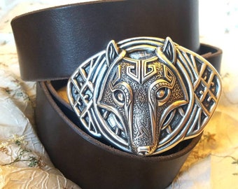Leather belt with changeable belt clasp, silver-plated, wolf Celtic hump full cowhide, various clases and leather to choose from