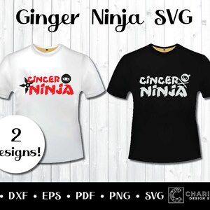 May include: Two designs for a t-shirt with the text "Ginger Ninja" in red and black. The design includes a ninja with a throwing star.